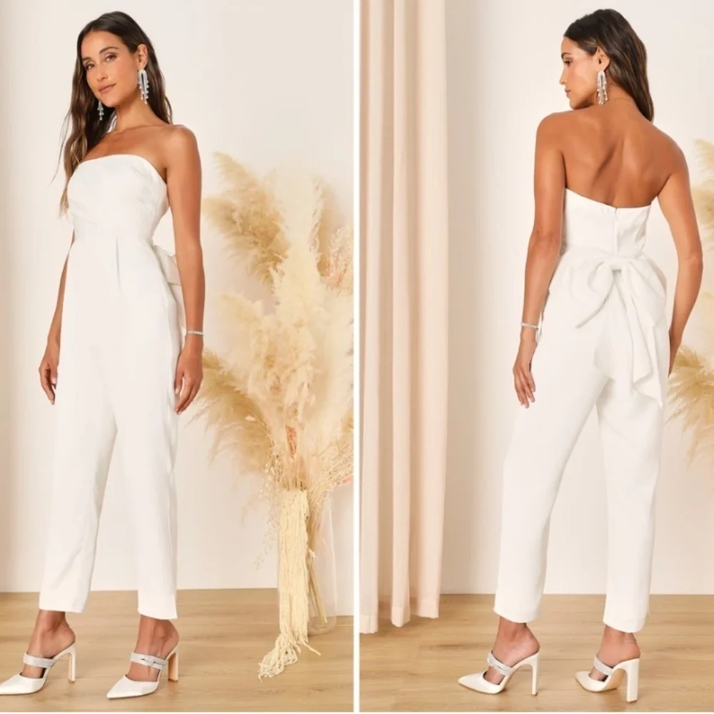LULU's Wedding Bridal Shower Bachelorette HOneymoon Chic Satin Jumpsuit - Picture 3 of 6